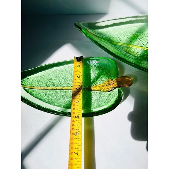 🎉hp🎉vintage Art Glass Leaf Nesting Plates by Dynasty Gallery 14”&10 Green Gold - Picture 5 of 8